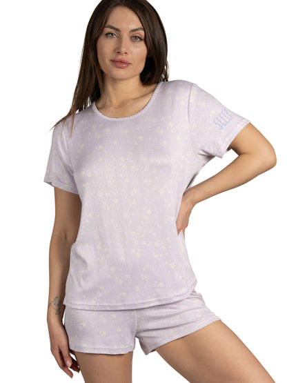 Women's "Sleep" Short Sleeve Shirt and Shorts Soft Pointelle Pajama Set