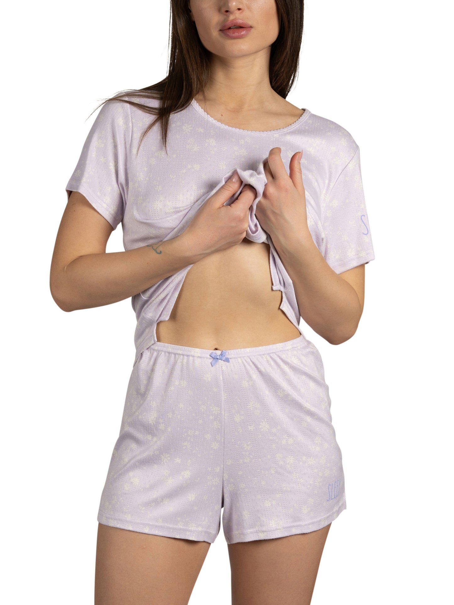 Women's "Sleep" Short Sleeve Shirt and Shorts Soft Pointelle Pajama Set