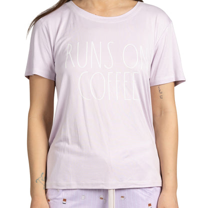 Women's "RUNS ON COFFEE" Short Sleeve Shirt and Dolphin Shorts Soft Pajama Set