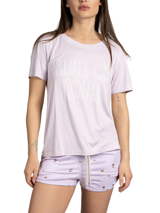 Women's "RUNS ON COFFEE" Short Sleeve Shirt and Dolphin Shorts Soft Pajama Set