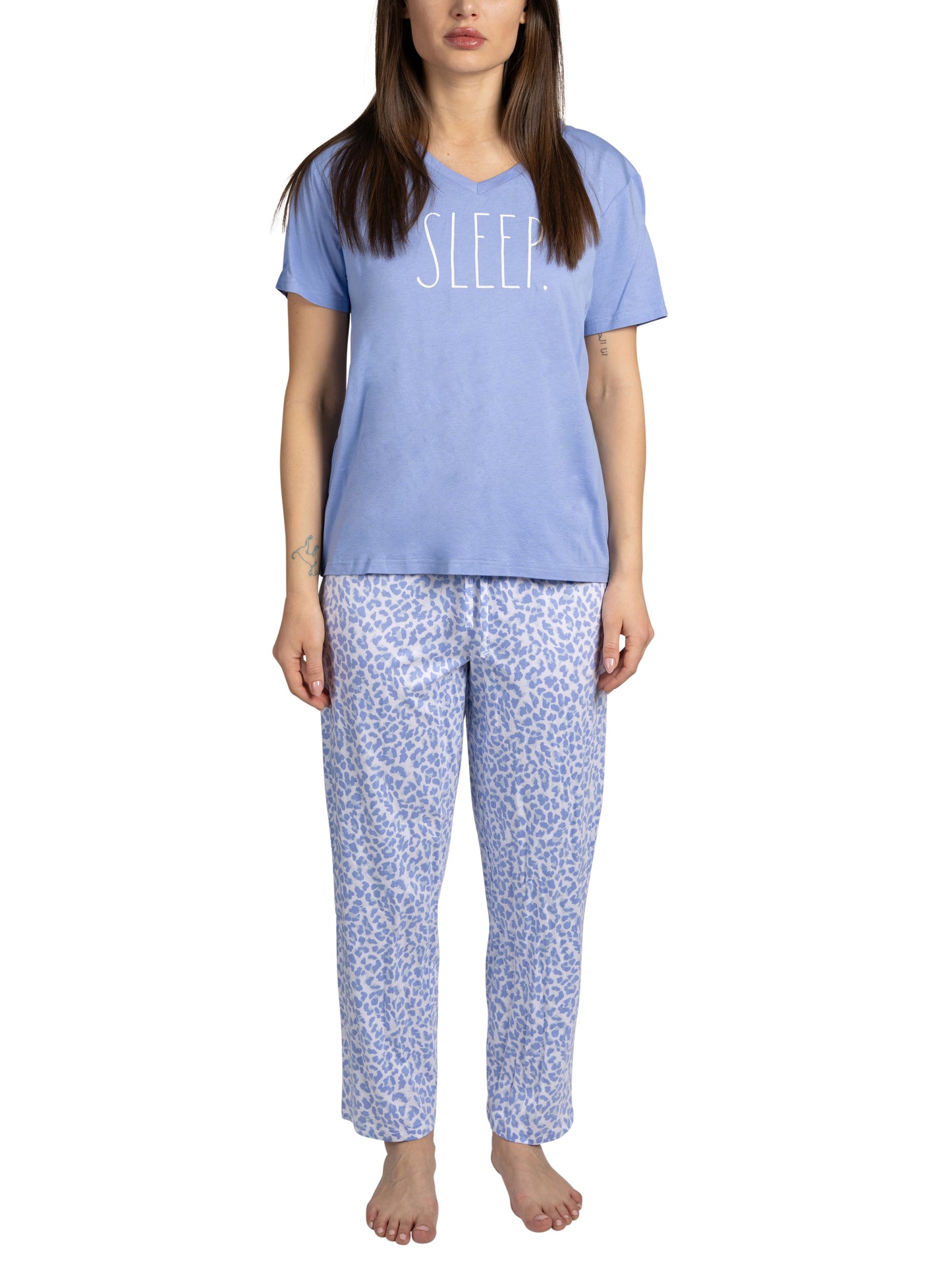 Women's "SLEEP" 2-Piece Short Sleeve Top and Pants Blue Leopard Print Pajama Set