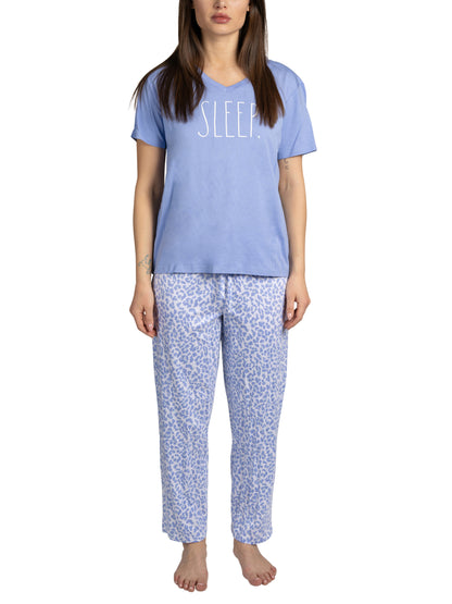 Women's "SLEEP" 2-Piece Short Sleeve Top and Pants Blue Leopard Print Pajama Set