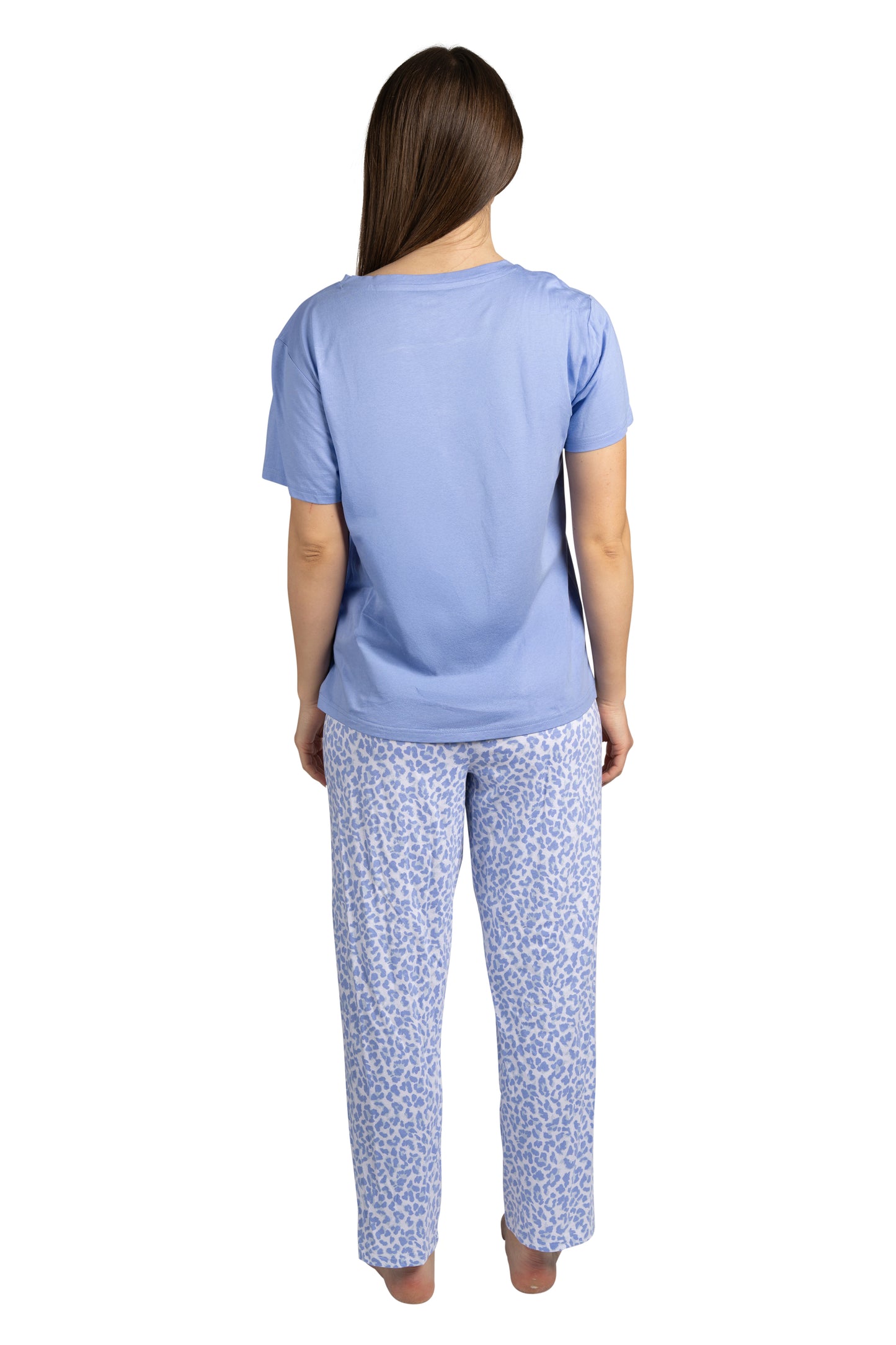 Women's "SLEEP" 2-Piece Short Sleeve Top and Pants Blue Leopard Print Pajama Set