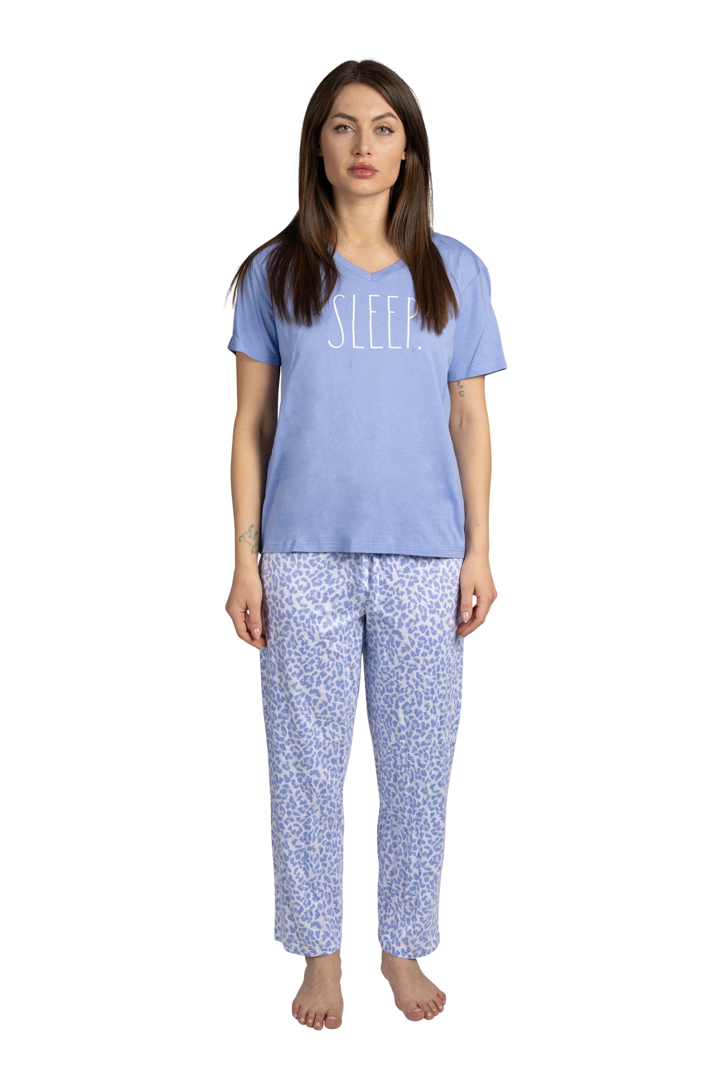 Women's "SLEEP" 2-Piece Short Sleeve Top and Pants Blue Leopard Print Pajama Set