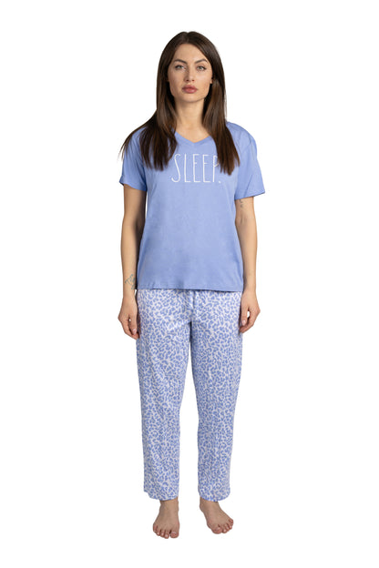 Women's "SLEEP" 2-Piece Short Sleeve Top and Pants Blue Leopard Print Pajama Set