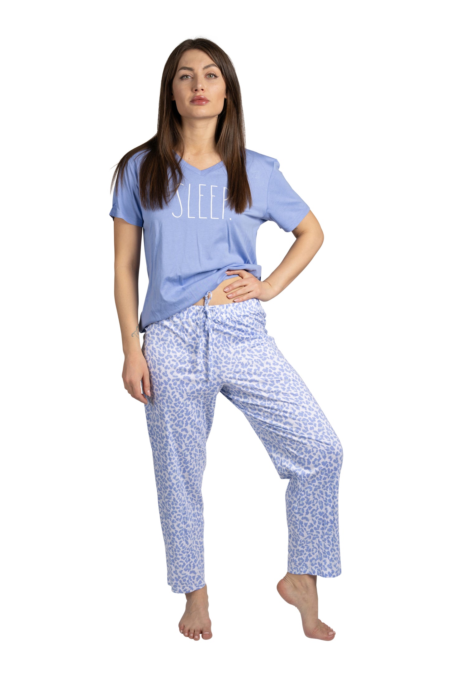 Women's "SLEEP" 2-Piece Short Sleeve Top and Pants Blue Leopard Print Pajama Set
