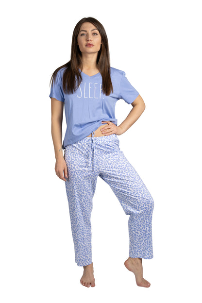 Women's "SLEEP" 2-Piece Short Sleeve Top and Pants Blue Leopard Print Pajama Set