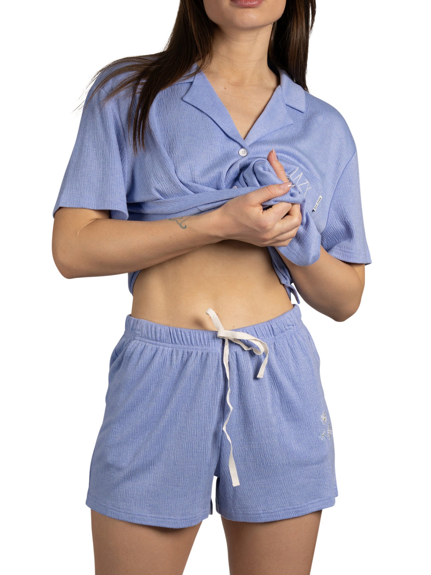 Women's SLEEP Short Sleeve Notch Collar Top and Elastic Waistband Shorts Soft Gauze Pajama Set