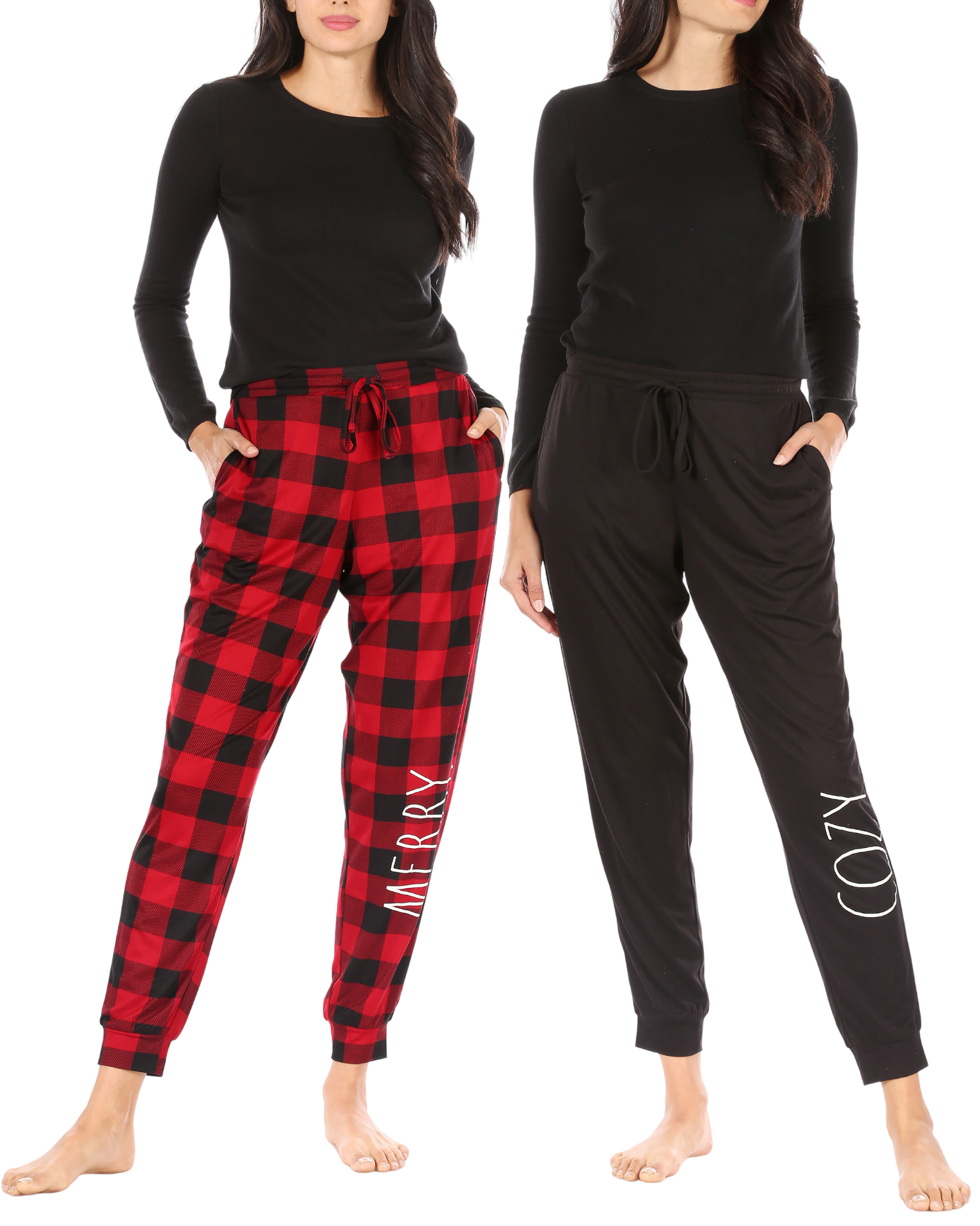 Women's 2-Pack Drawstring Jogger Set Plaid "MERRY" & Black "COZY" - Rae Dunn Wear