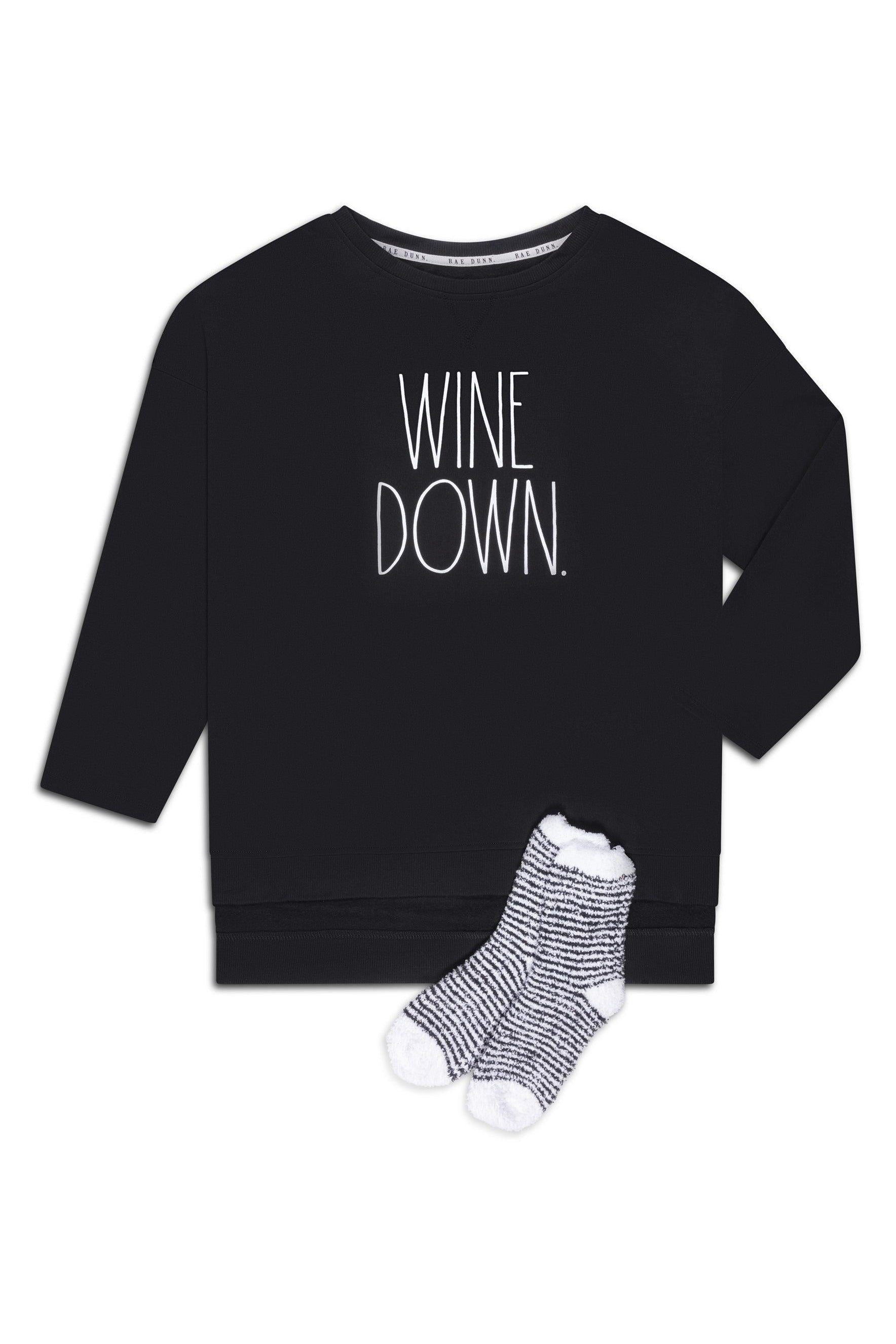 Women's Plus Size "WINE DOWN" Pullover Tunic Sweatshirt with Cozy Socks - Rae Dunn Wear