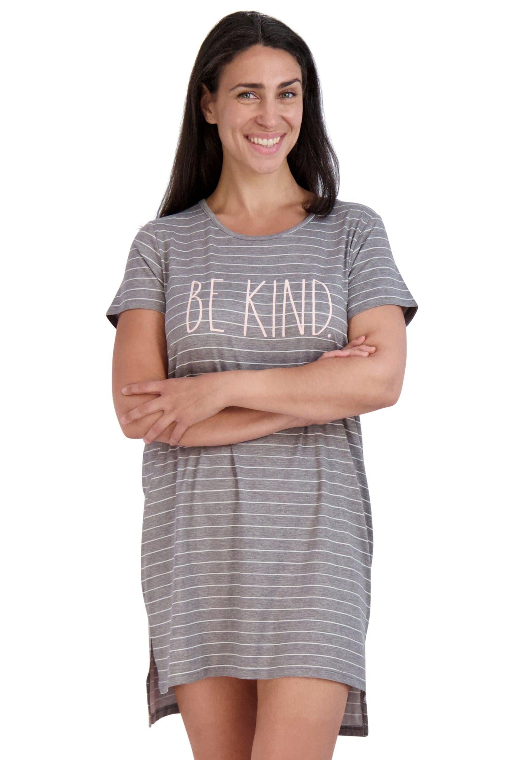 Women's "BE KIND" Short Sleeve Striped HiLo Nightshirt - Rae Dunn Wear