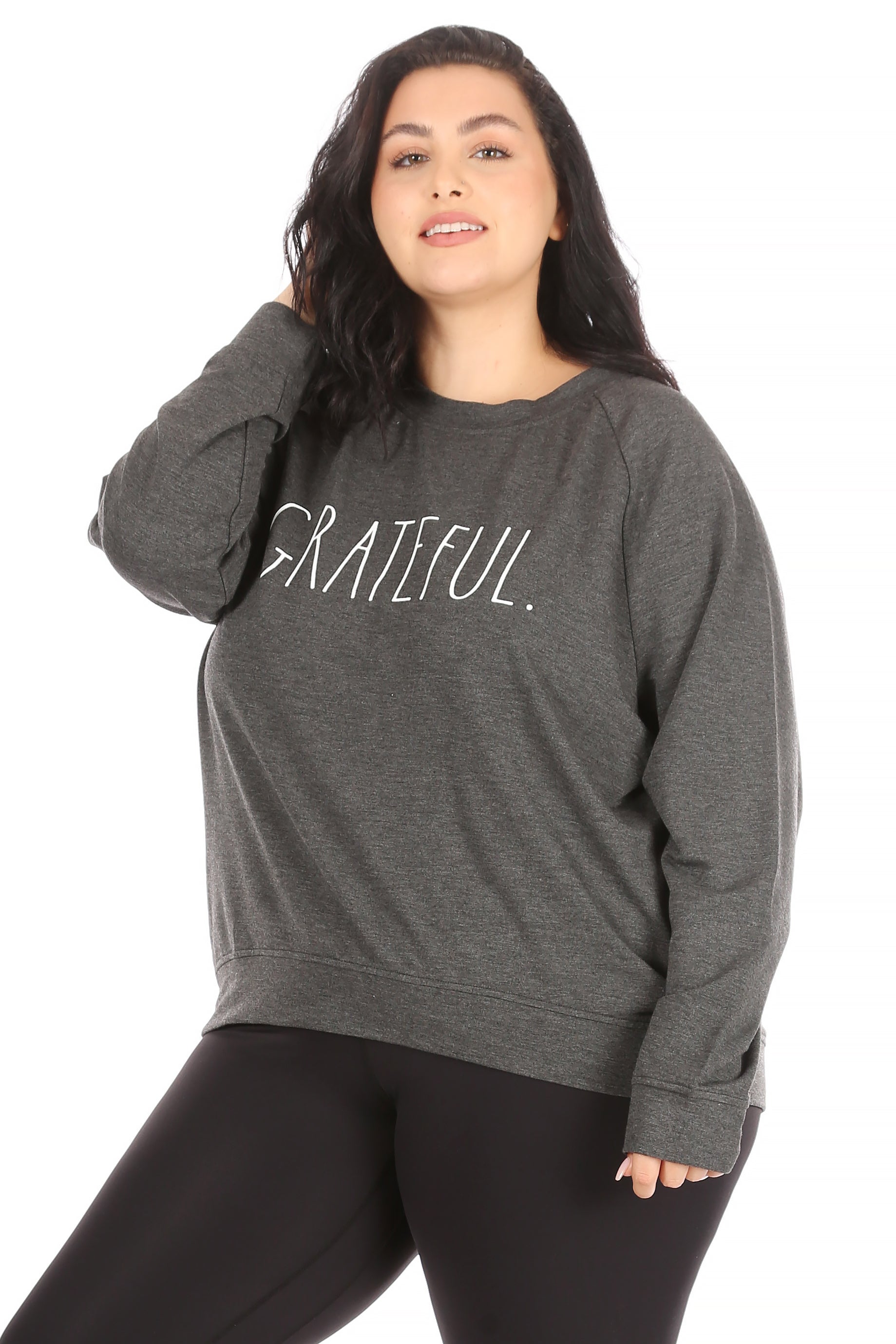 Women's "GRATEFUL" Plus Size Studio Raglan Sweatshirt - Rae Dunn Wear