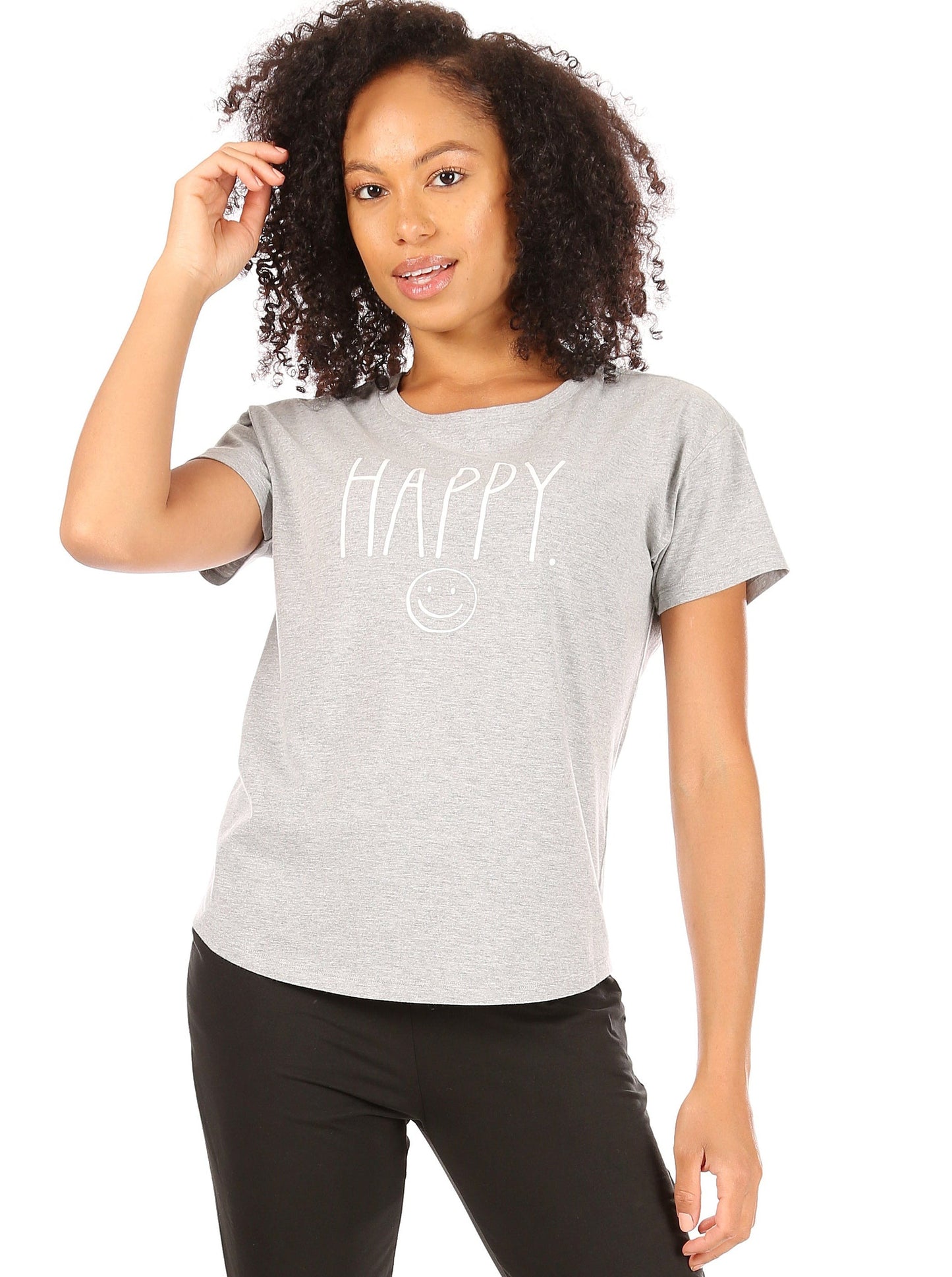 Women's "HAPPY" Short Sleeve Shirttail Hem T-Shirt - Rae Dunn Wear