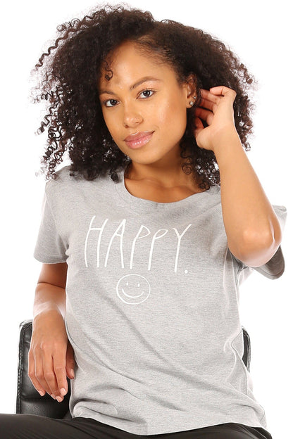 Women's "HAPPY" Short Sleeve Shirttail Hem T-Shirt - Rae Dunn Wear