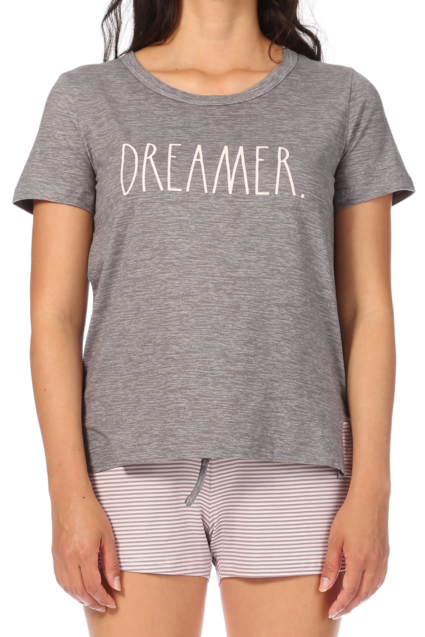 Women's "DREAMER" Short Sleeve Side Slit Tee and Drawstring Shorts Pajama Set - Rae Dunn Wear