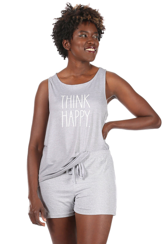 Women's "THINK HAPPY" Tank and Shorts Pajama Set - Rae Dunn Wear