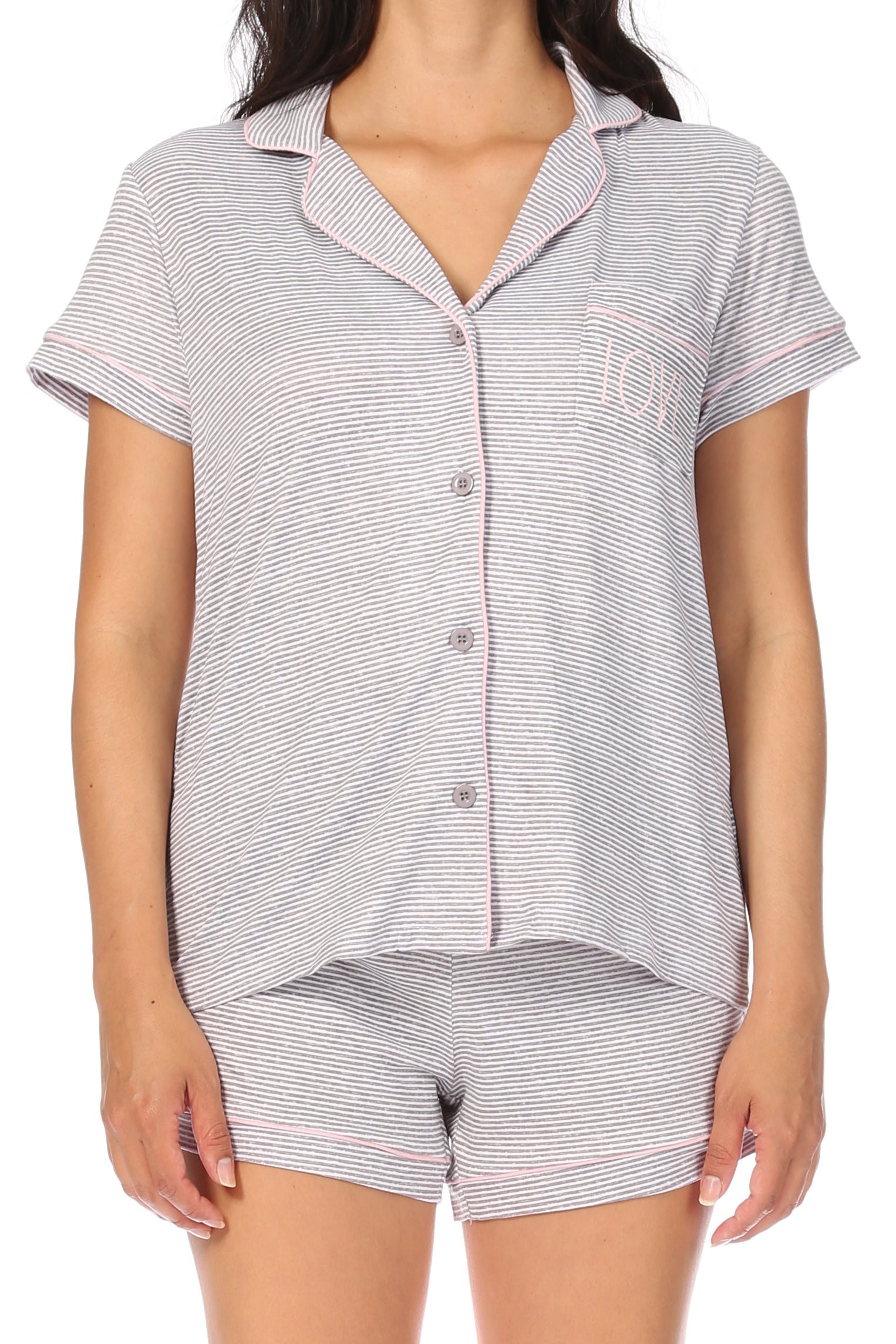 Women's "LOVE" Short Sleeve Notch Collar Button-Up Top and Short Pajama Set - Rae Dunn Wear