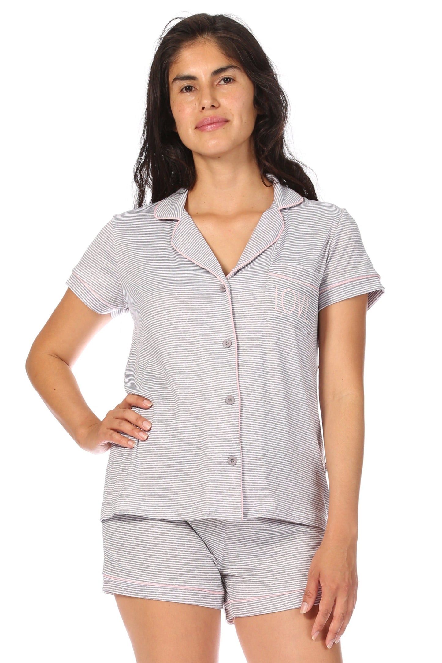 Women's "LOVE" Short Sleeve Notch Collar Button-Up Top and Short Pajama Set - Rae Dunn Wear