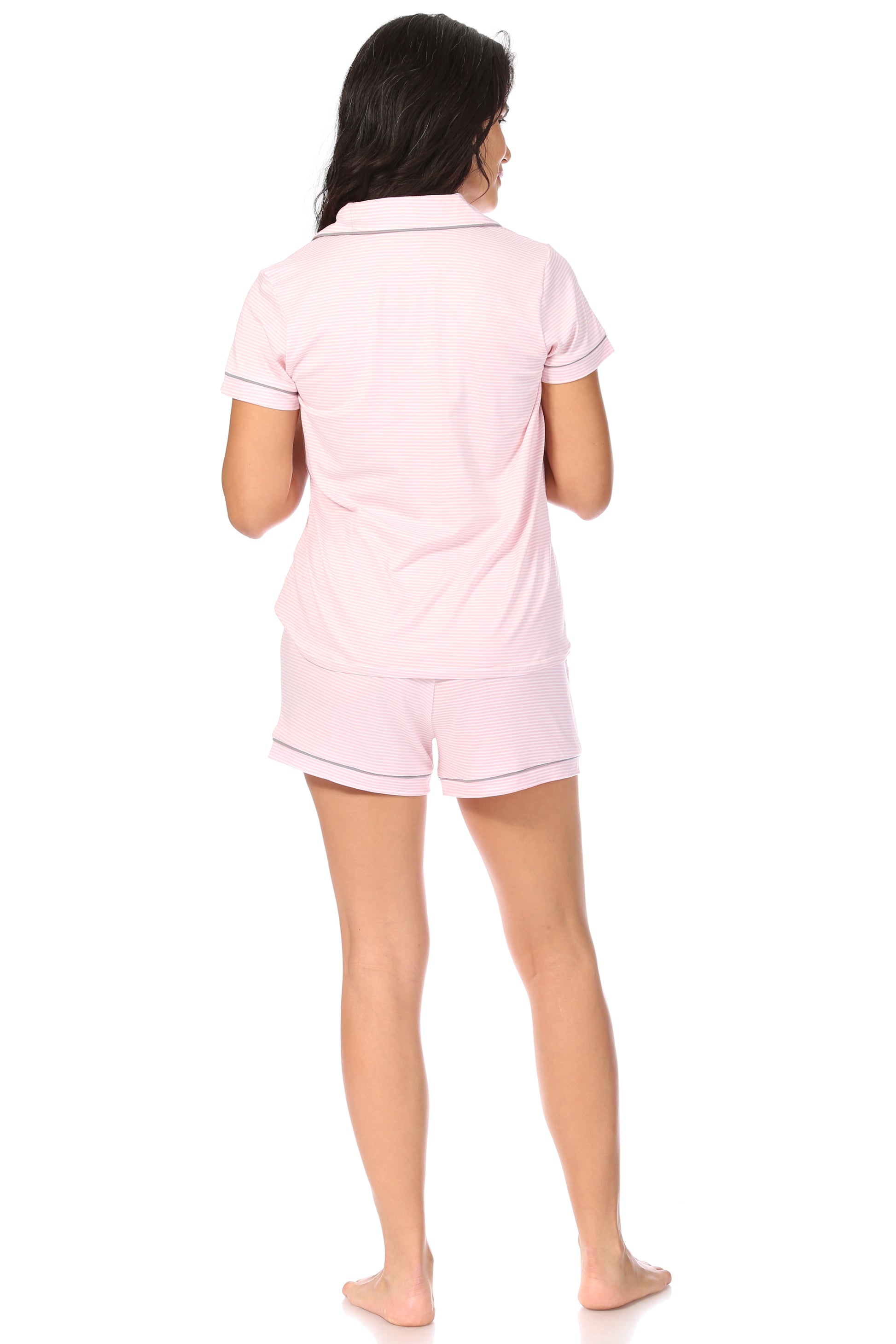 Women's "CHILL" Short Sleeve Notch Collar Button-Up Top and Elastic Waistband Shorts Pajama Set - Rae Dunn Wear