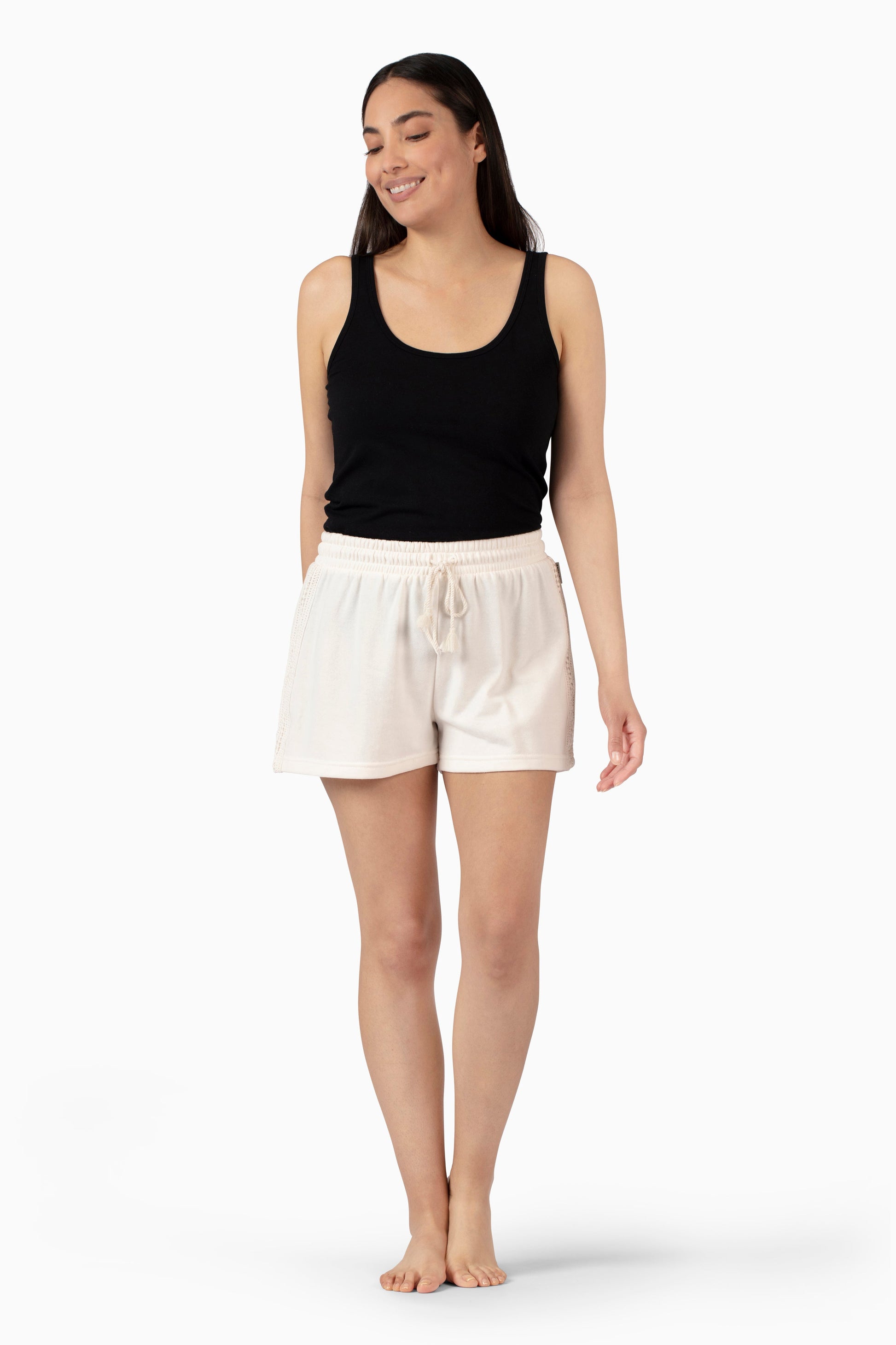 Women's French Terry Crochet Trim Drawstring Shorts - Rae Dunn Wear