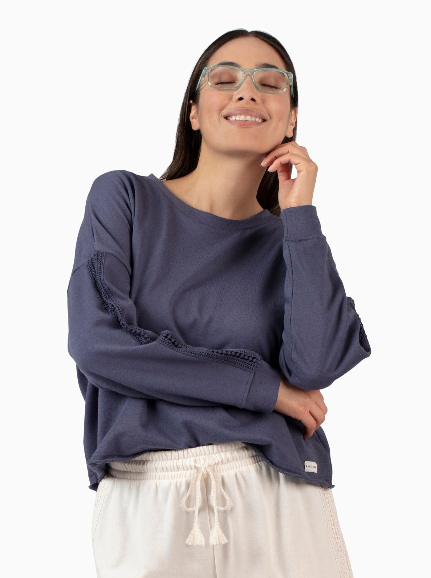 Women's French Terry Crochet Trim Sweatshirt - Rae Dunn Wear