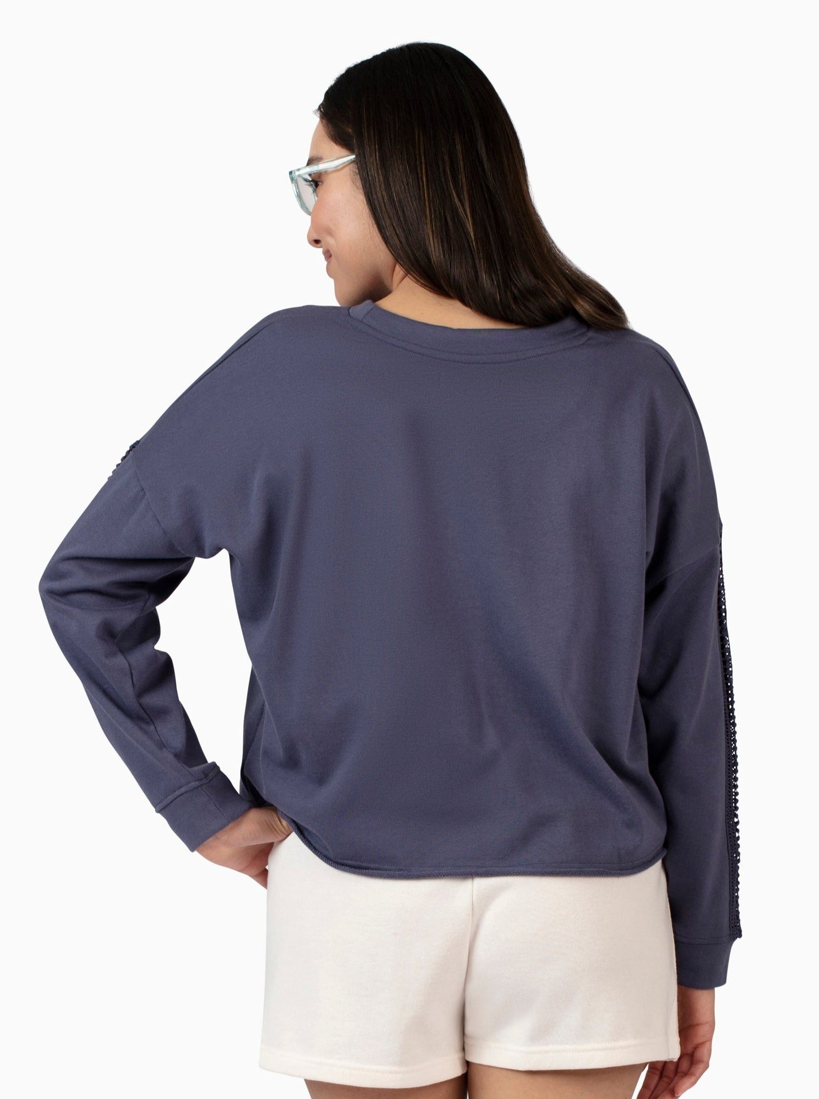 Women's French Terry Crochet Trim Sweatshirt - Rae Dunn Wear