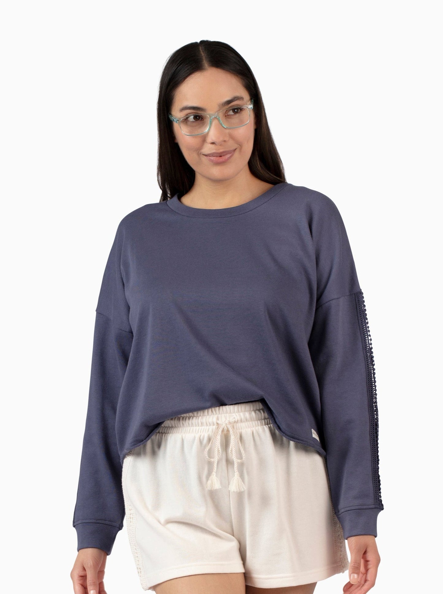 Women's French Terry Crochet Trim Sweatshirt - Rae Dunn Wear